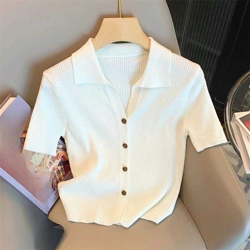 2025 Korean Summer Thin Cardigan Short Sleeve T-Shirt Casual Single Breasted Knitted Polo-neck Shirt for Women X250724