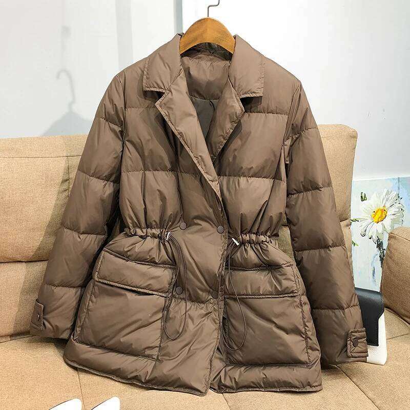 Lagabogy New Winter Women White Duck Down Coat Female Notched Collar Double Breasted Coats Casual Lady Drawstring Puffer Outwear 250725