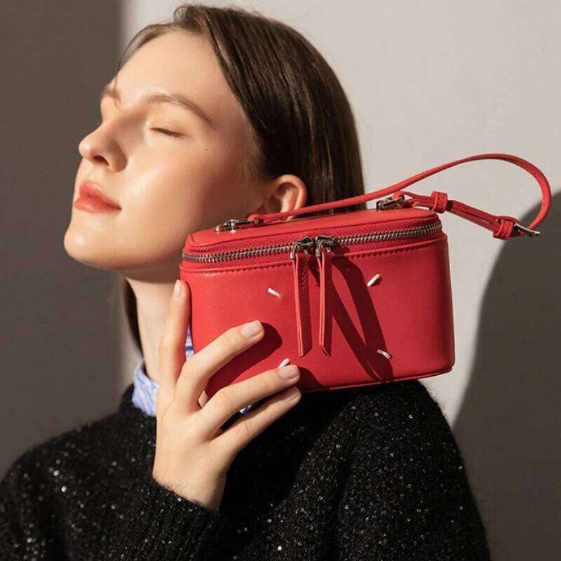 Sheepskin Box Makeup Genuine Leather Phone Fashionable Red Small Bag, Single Cross Shoulder Handbag For Women