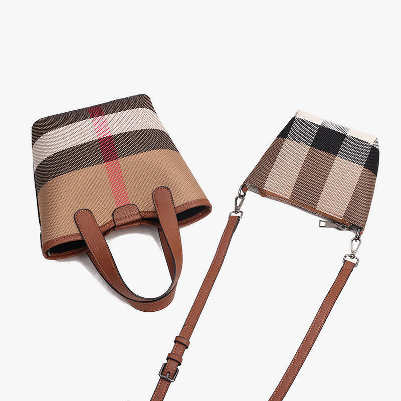 Women's Genuine Leather Canvas Plaid Color-Block Tote Basket New Fashion Single Shoulder Crossbody Bucket Bag