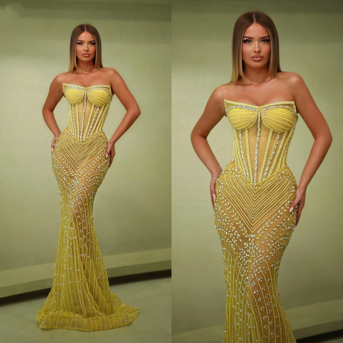 Sexy Strapless Mermaid Evening Dresses Customized Sexy Sequined Beading Sleeveless Prom Dress Floor Length Party Gown