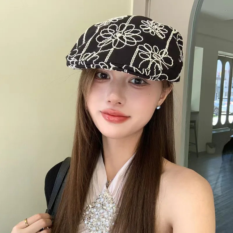 Womens Beret Hat Heavy Industry Flower Embroidery Beret Girl French Artist Painter Caps Ladies Summer Thin Octagonal Beret Caps 250722