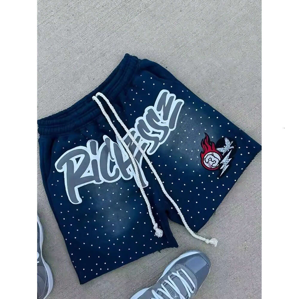 High Street Brand Rhinestone Embroidered for Men 2025 Summer New Loose Trendy Sports Casual Shorts