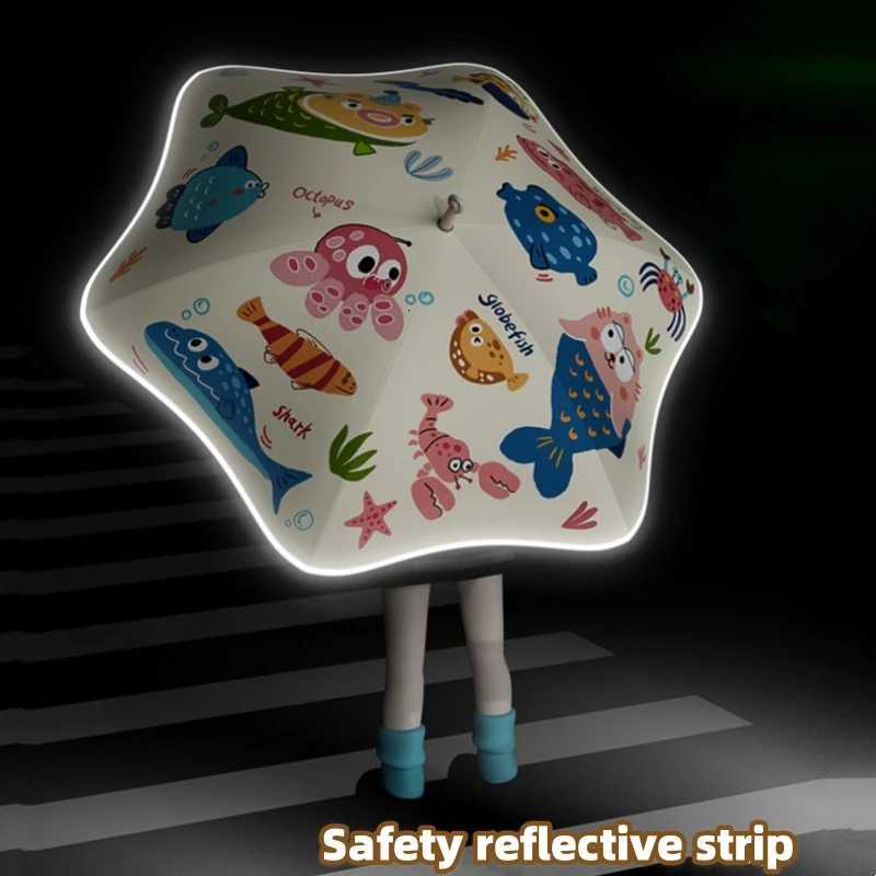 Cute Safety Kids Umbrella With Reflective Strip UPF50+ Round Corner Umbrellas With Wheel Anti-Poke UV Sun Rain Children Parasol R250724