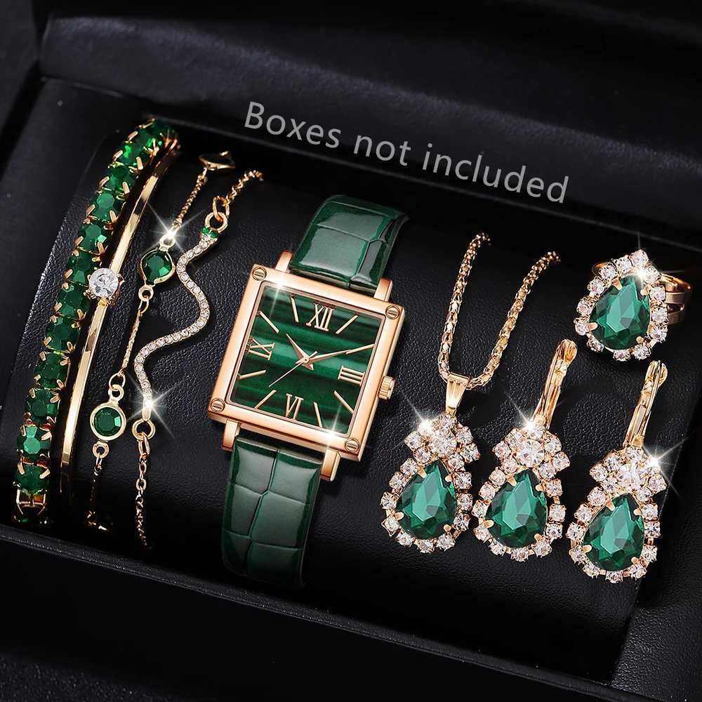 9PCS Green Womens Watch Set Fashion Trend Simple Rectangular Dial Quartz Watch Bracelet Necklace Earrings Set Perfect Gift W250724
