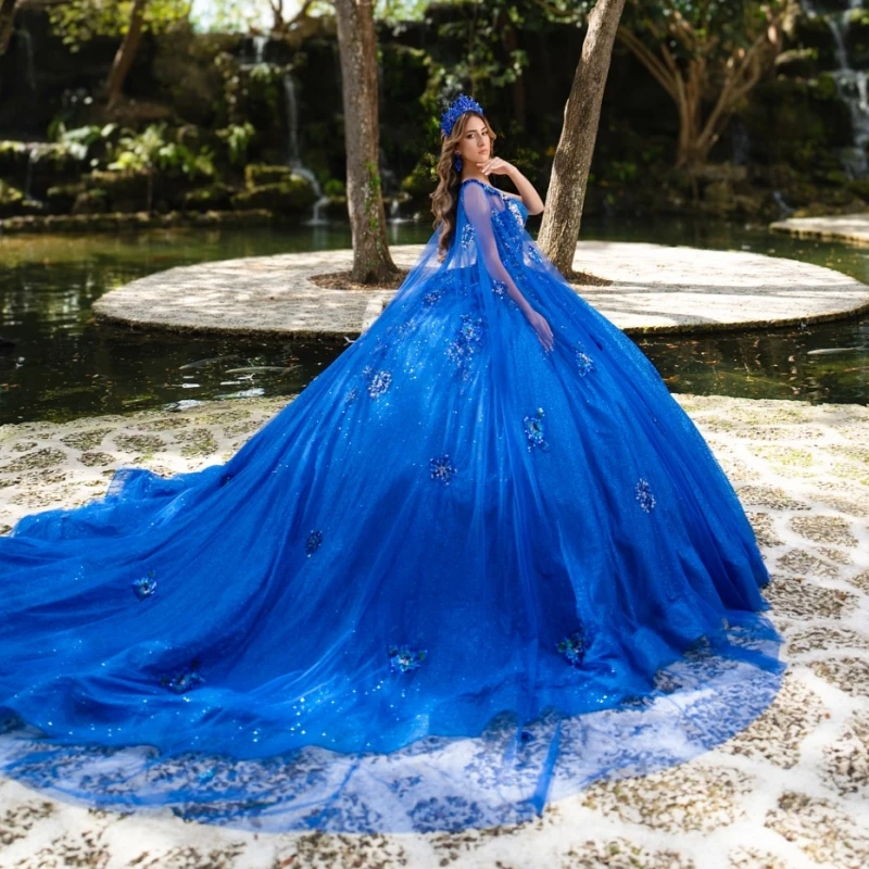 Royal Blue Shiny Quinceanera Dresses Off Shoulder Ball Gown Sweet 16 Dress Sequin Applique Lace Beads With Cape Tull Vestidos 15 Anos