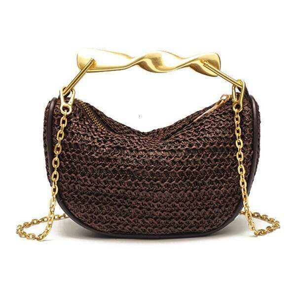 Leather Bag Bucket Bag Tote Bag Home Metal Gold Handle Mini For Women New Straw Single Shoulder Crossbody Zipper Woven Bag