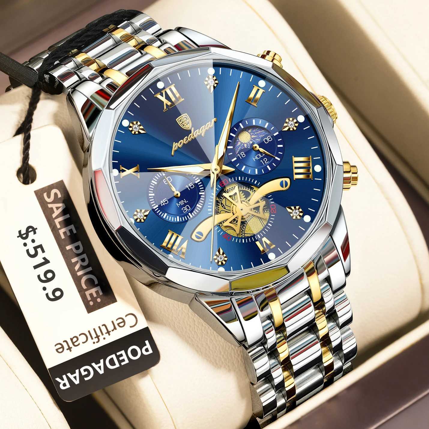 POEDAGAR Luxury Men Watch Top Original Waterproof Luminous Chronograph Mens Wristwatch Stainless Steel Quartz Mens Watches Reloj W250724