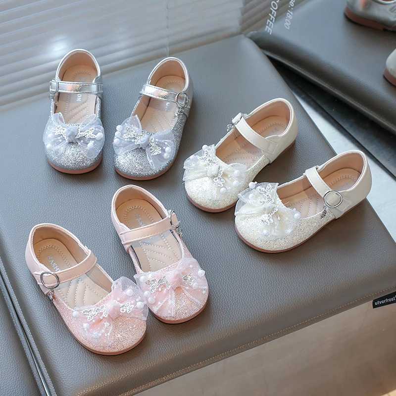 2025 Princess Shoes Mesh Lace Bow Childrens Flat Shoes Shiny Glitter Childrens Leather Shoes Round Head Sweet Hook and Loop XJ250724