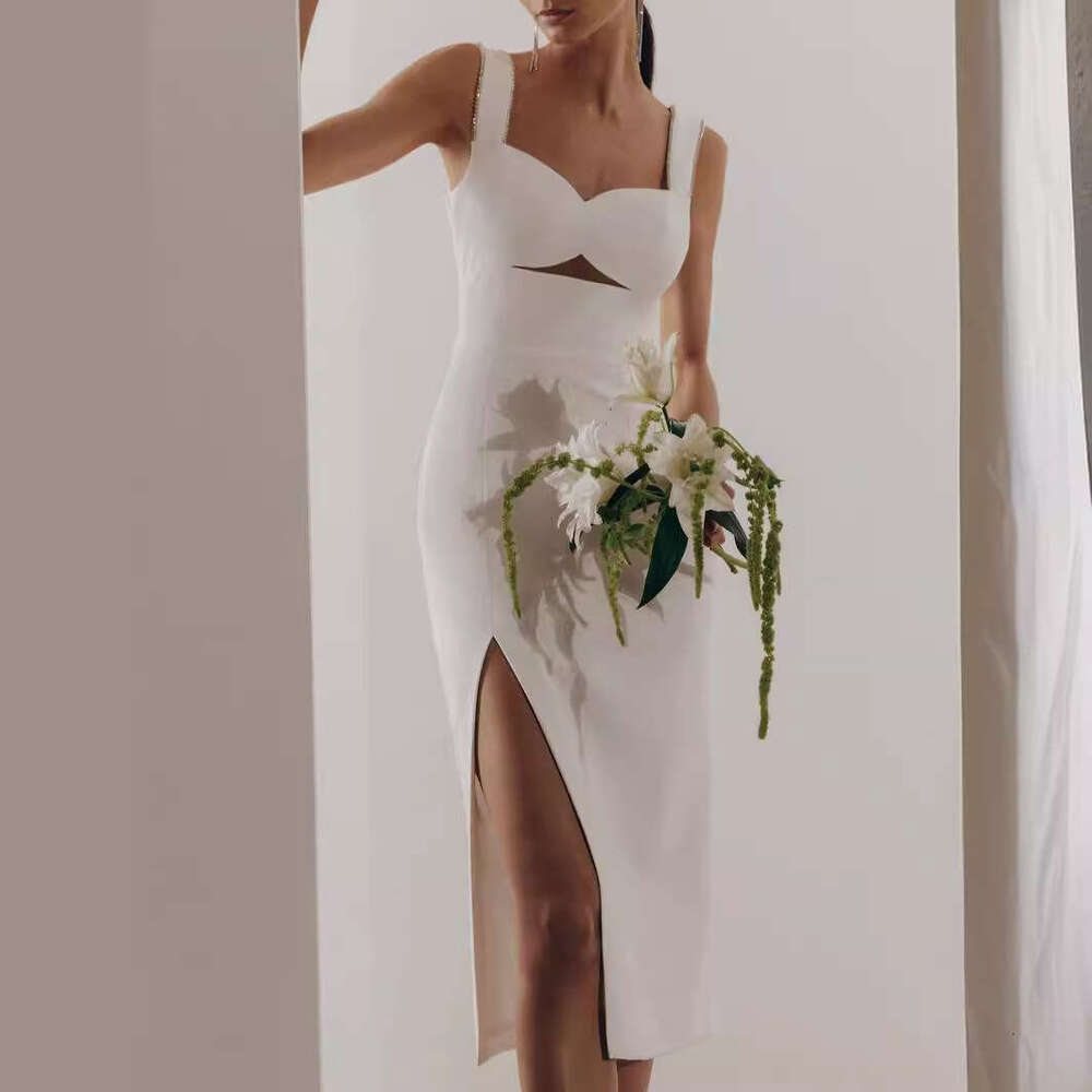 White Skirt Maxi Skirt Sexy Square Neck Wide Strap Slim Fit Elastic Waist Slit Slimming Bandage Dress Long Skirt