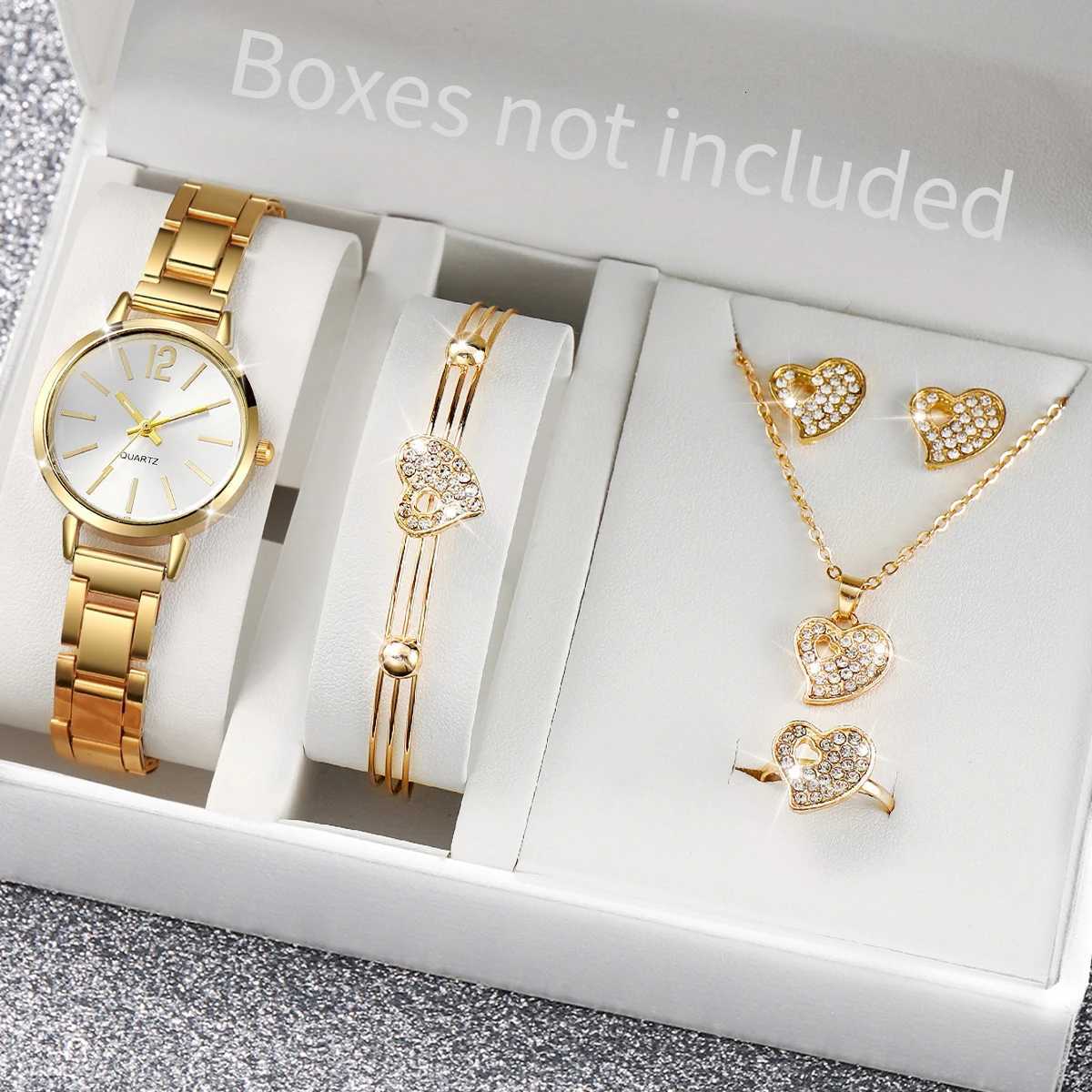 6PCS/Set Womens Watch Fashion Stainless Steel Band Analog Quartz Watches Heart Jewelry Set (Without Box) W250724
