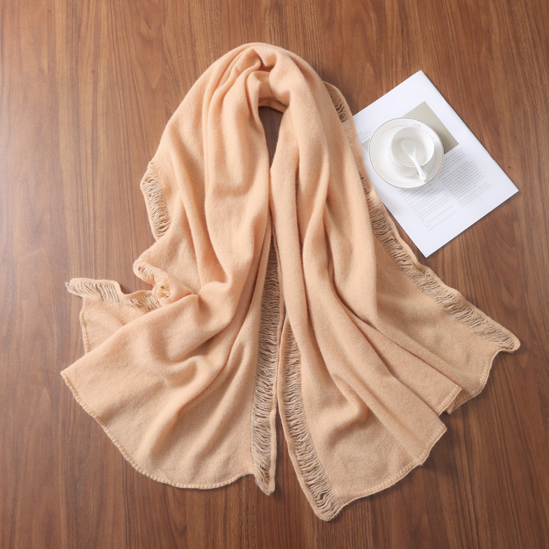 K1455 2024 autumn and winter new pure wool knitted scarf shawl solid color warm protection tassel windproof cold-proof neck scarf