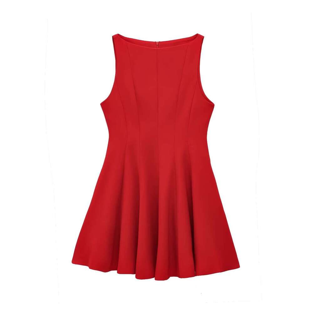 Hot-Selling Women's Waist-Cinching Boat Neck Sleeveless Wide Hem Mini Dress B5