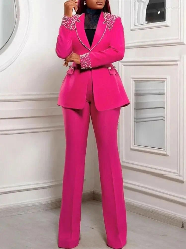 Women's Two Piece Pants 2 Pieces Sets Autumn Winter Long Sleeve Pearl Blazers Suit Tops And Suits Set Tracksuit Outfit 2025