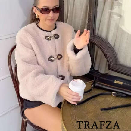 TRAFZA And Autumn INS Women's Two-Color Spring Buckle Fleece Jacket Coat B5