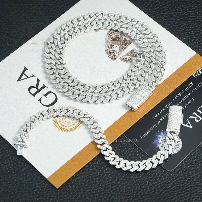 S Sier Dia-Shaped Cuban Chain Necklace 8mm Double Row Full Inlaid Moissanite Trendy Brand Accessory