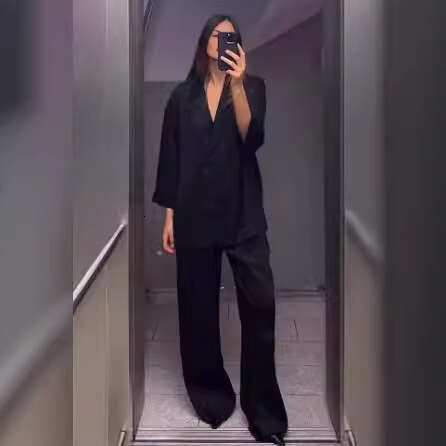 TRAFZA Spring Street Double-Breasted Blazer Wrinkle Effect Pants Set B5