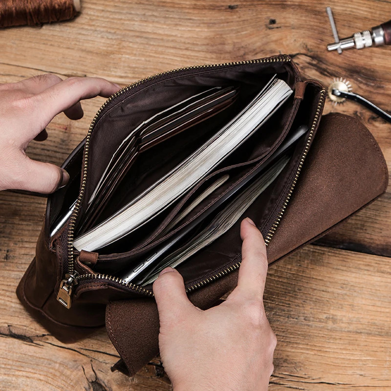 CONTACTS Men Clutch Bags Large Capacity Men Wallets Crazy Horse Leather Long Purse Male Multifunction Wallet Passport Cover 250723