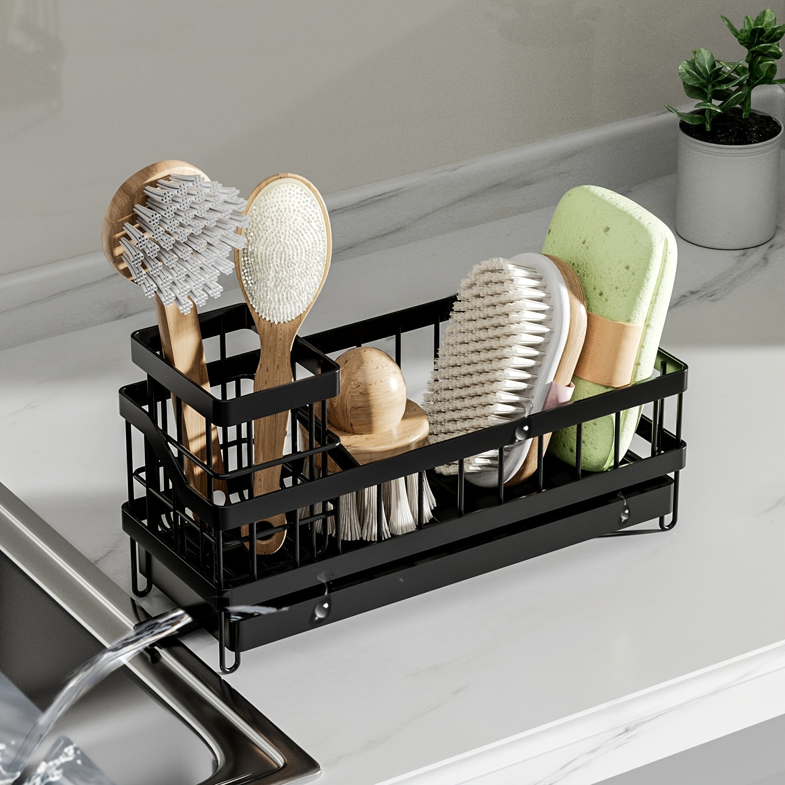 2-in-1 Kitchen Sink Organizer (9.5") Sponge Holder with Soap Dispenser Tall Brush Stand Rustproof ABS Plastic with Non-Slip Base Black Countertop