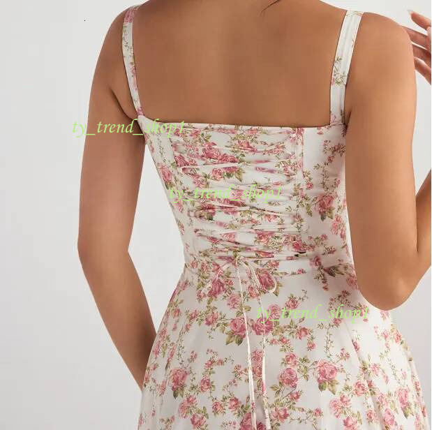 House Of Cb Casual Corset Split Skirt Bow Tie Chest Frill Details Print ral Midi Dresses Back Lace Up Robe Clothing Women's Summer Long Dress 976