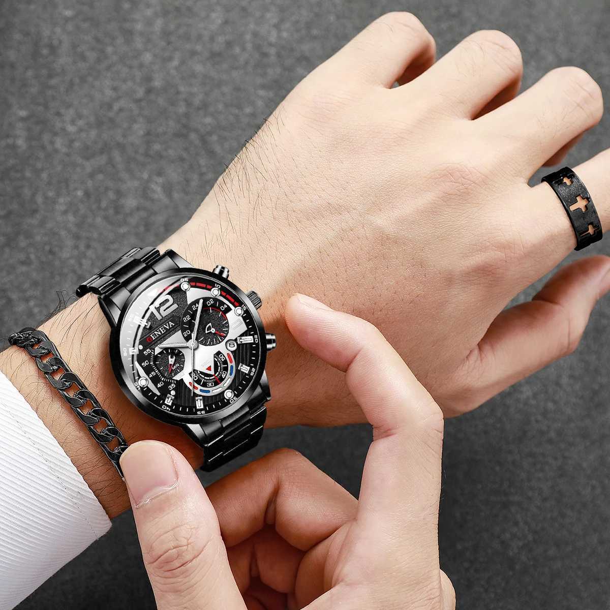 4PCS/Set Fashion Men Watches Black Steel Band Men Business Quartz Watch Jewelry Set (Without Box) W250724
