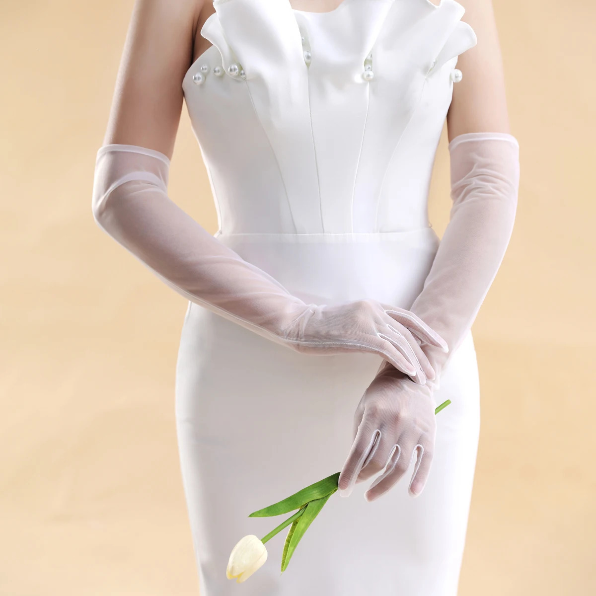 WG046 Handmade Wedding Bridal Gloves Plain Tulle White Brides Bridesmaid Opera Finger Gloves Women Pageant Perform Handschuh 250722