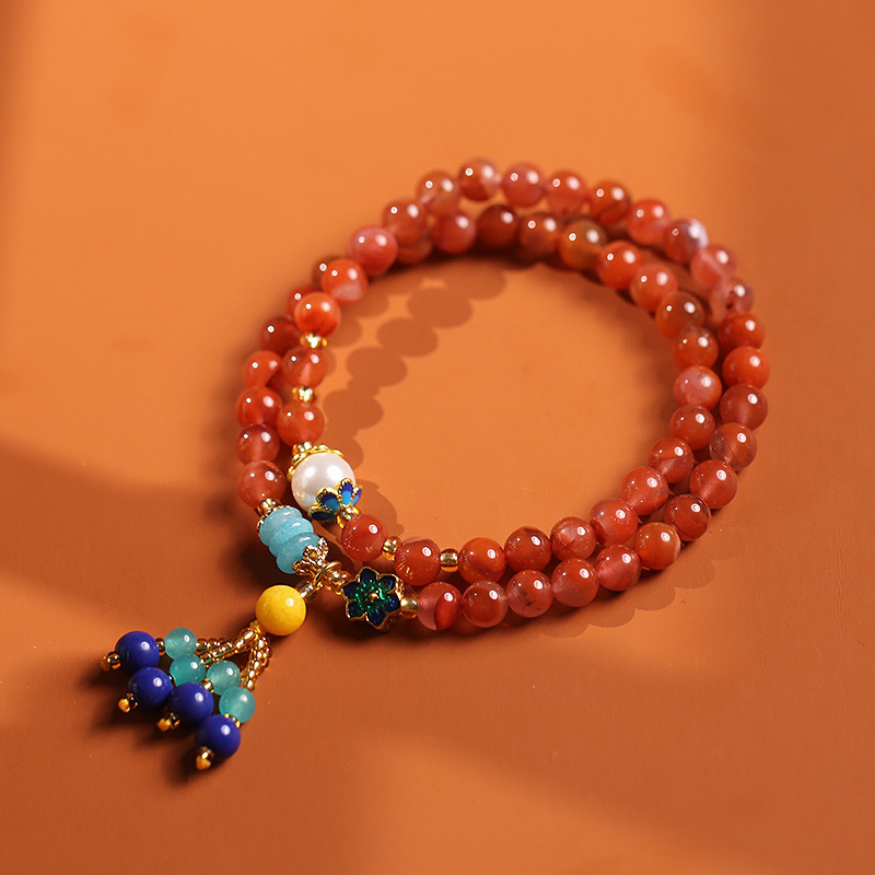 New Chinese Style Nanhong Tassel Bracelet Versatile Elegant with Imitation Pearl Cloisonne Accessories Multi loop Design Unisex