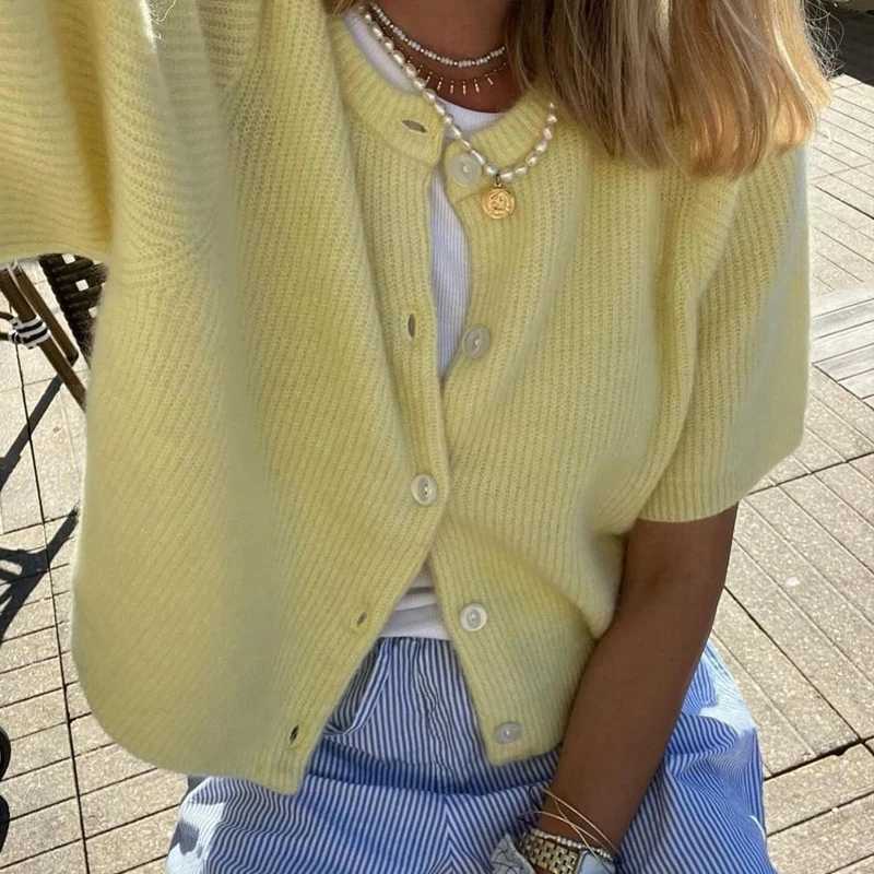 100% Cotton Yarn Y2K Vintage Loose Fit Button Up Knitted Sweater Women Short Sleeve Cardigans X250724