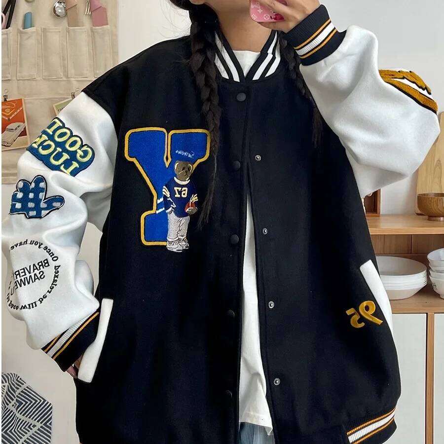Women's Wear Vintage American Style Loose-Fit Women's Jacket New Spring Autumn Winter Model Korean Version Ballplayer Jersey V-Neck Design
