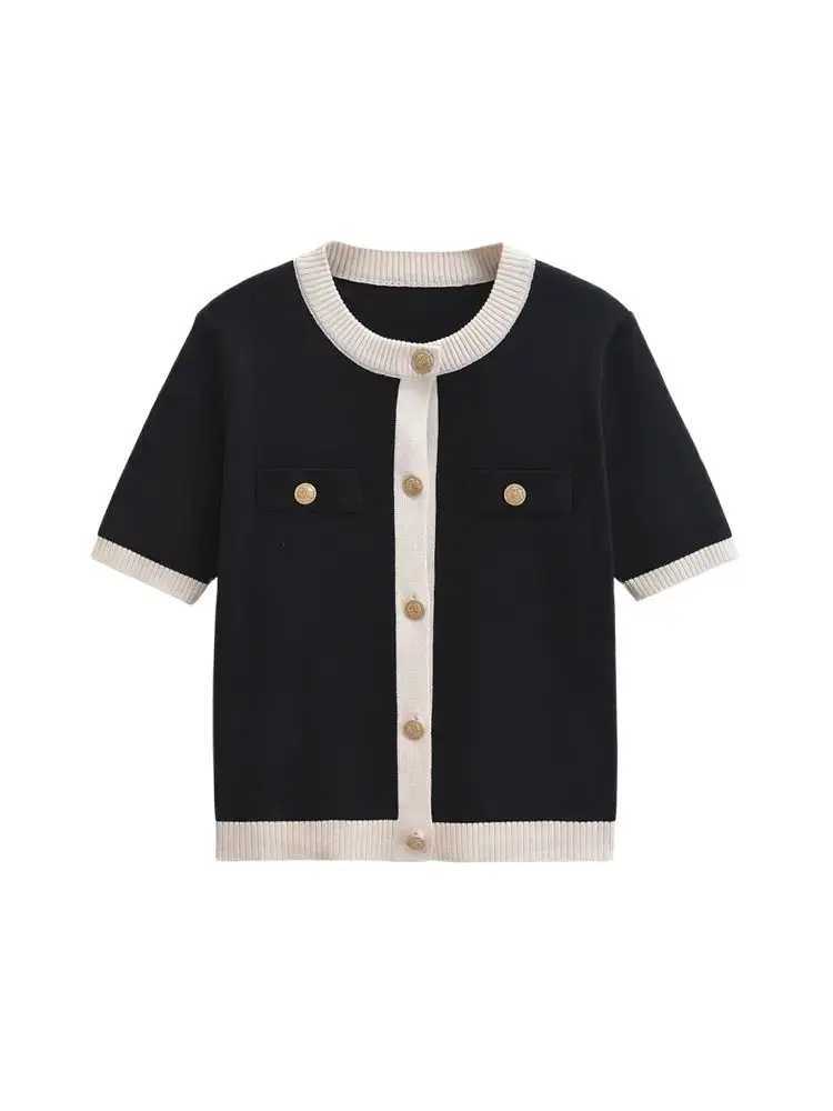 TRZA Womens Patchwork Knit Cardigan Sweater O-Neck Short Sleeve Button-Up Chic Fashion Outerwear Top X250724