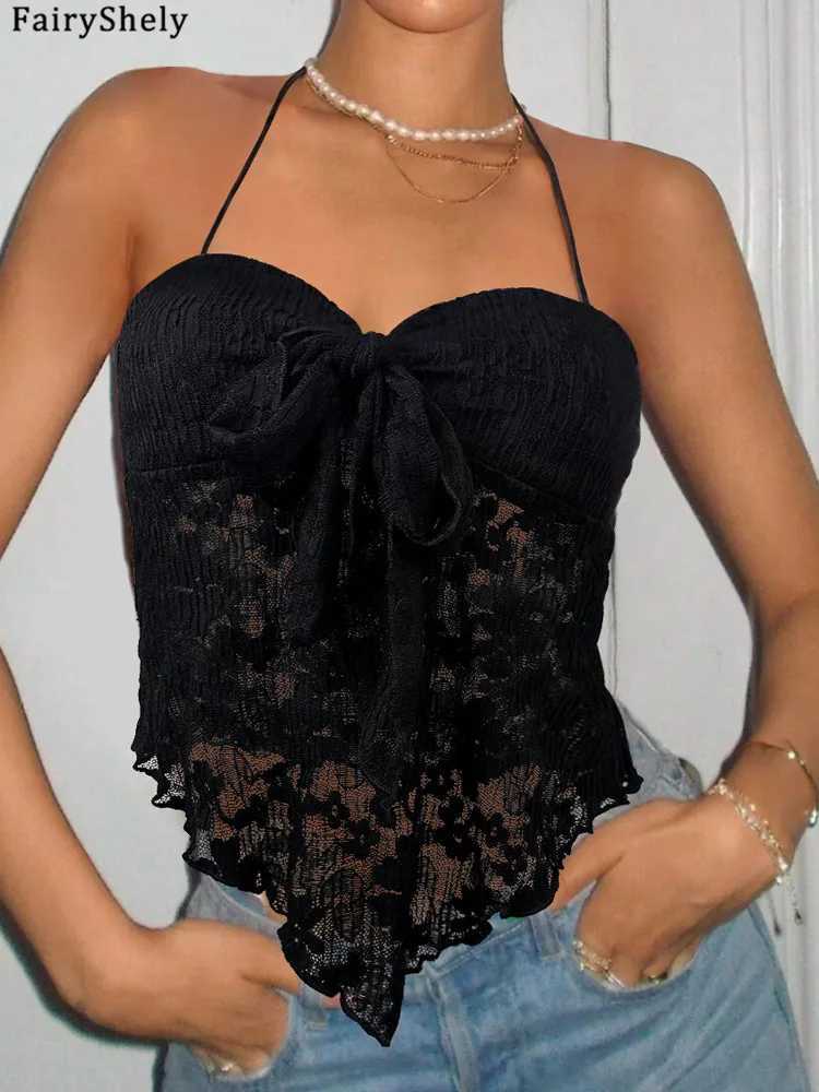 2025 Fairyshely Sexy Female Summer Solid Halter Top Women Lace V Neck Bodycon Strap Vest Sleeveless Off Shoulder Club Tops W250724