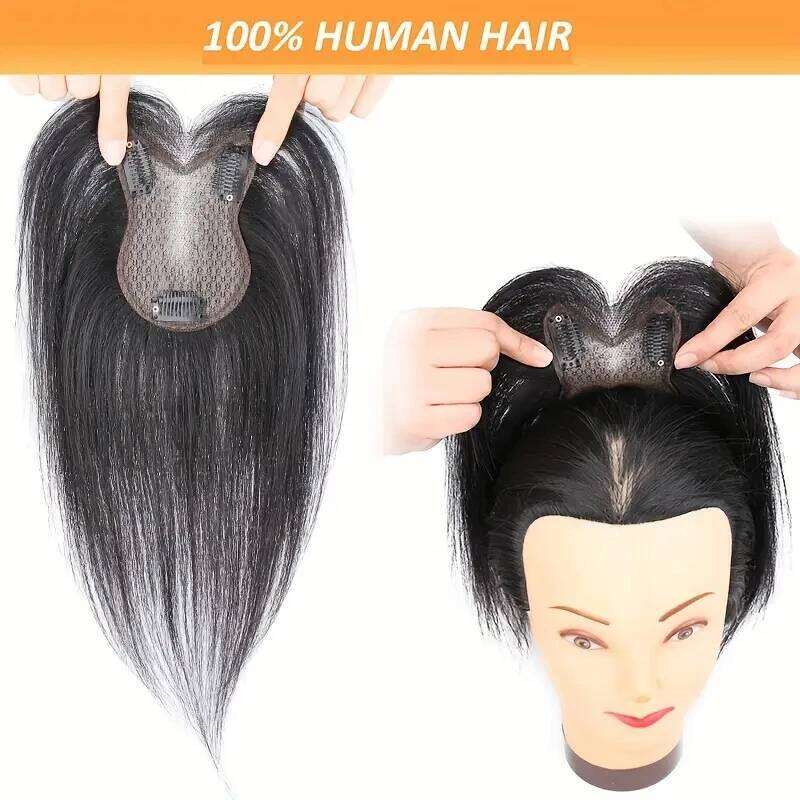 Women's Human Topper Piece Hand-Tied No-Sew Hairpiece Voluminous Bangs Natural Look Straight Black Hair for Bald Spots