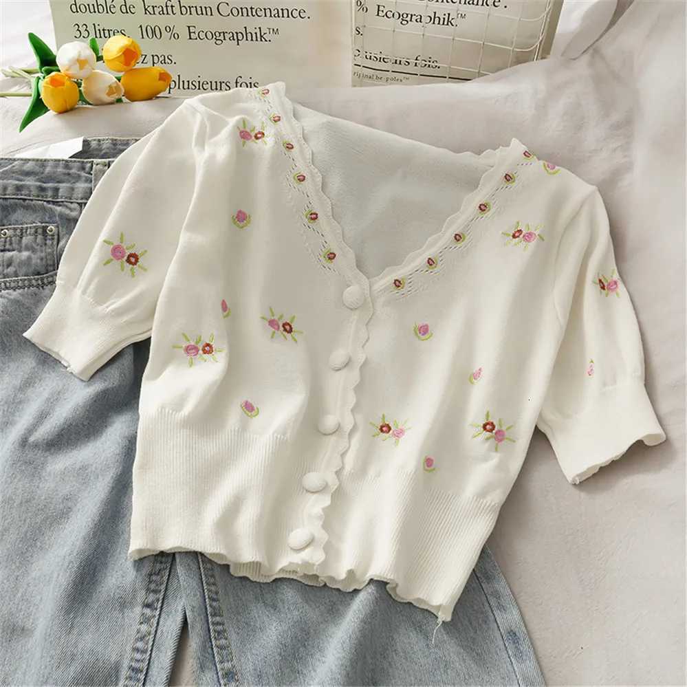 Korean Fashion Knit Crop Cardigan White Color Floral Embroidery Cardigan Shirts V Neck Button Front Top Puff Sleeve Vintage Tops X250724