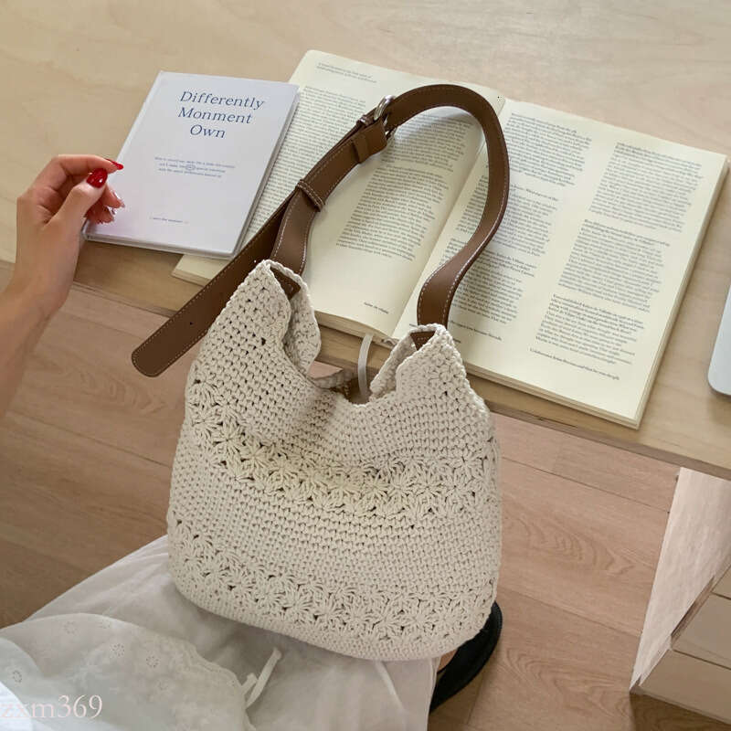 Handmade Crochet Cotton Thread Woven Tote for Women, Large Capacity Summer Lazy Style Beach Bag, Versatile Shoulder Crossbody Bag