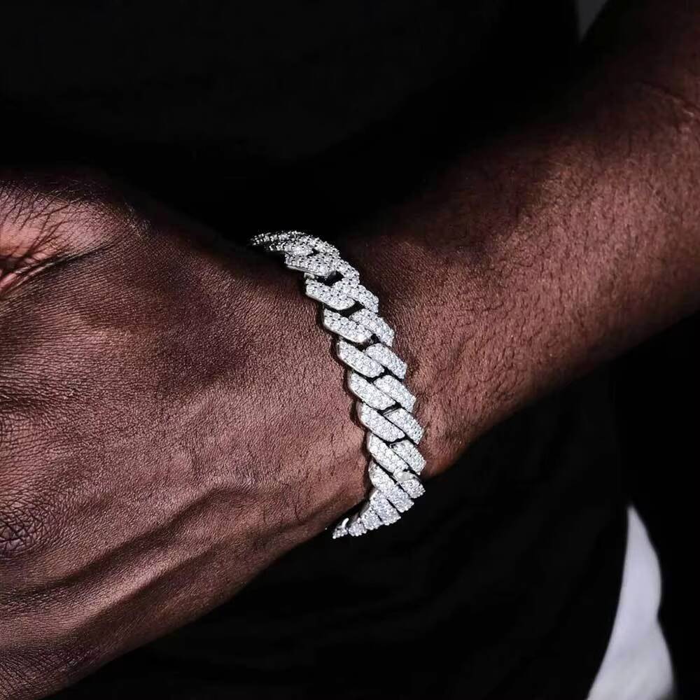 Hip Hop Micro Inlaid Moissanite S925 Silver Men Diamond Shaped Cuban Bracelet Fashion Chain Link Jewelry