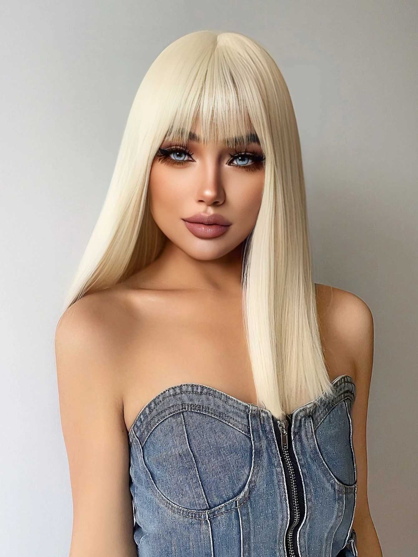 18Inch Platinum Blonde Synthetic Wigs With Bang Long Natural Straight Hair Wig For Women Daily Use Cosplay Party Heat Resistant G250915