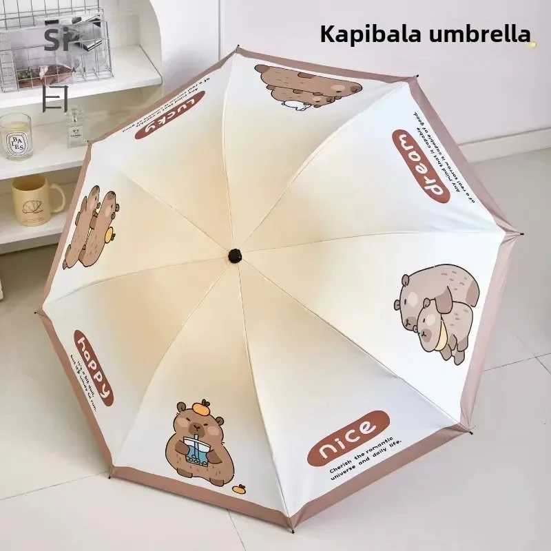 Kapibara Automatic Black Rubber Rain and Shine Dual-use Sun Umbrella Portable Folding Reinforced Student Umbrella R250724