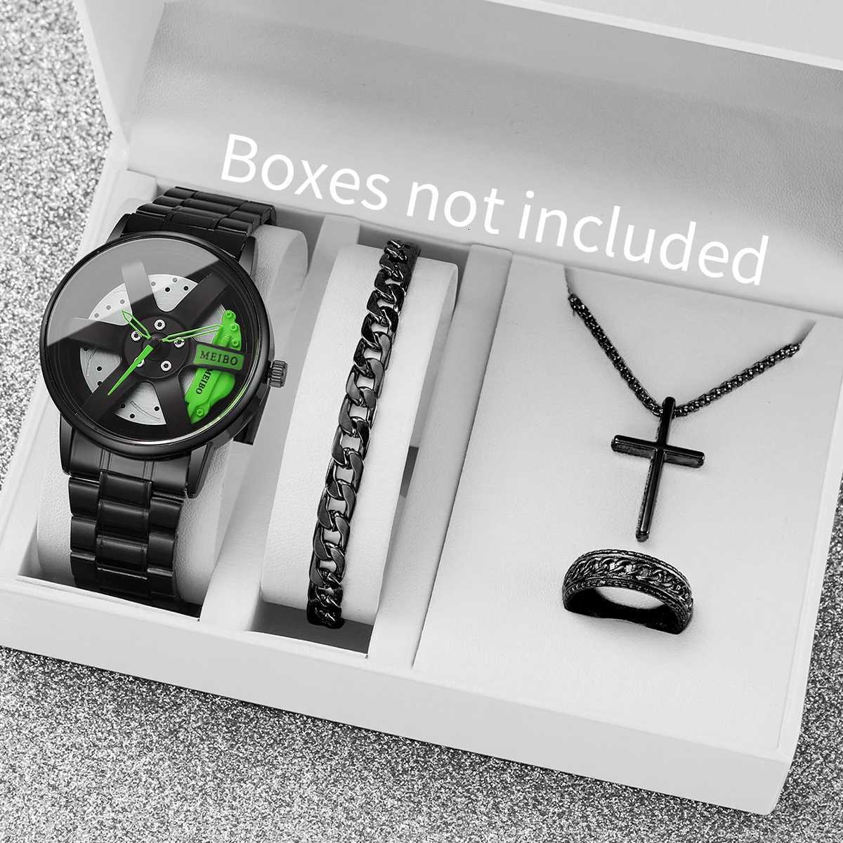 4PCS/Set Fashion Men Watches Jewelry Set Casual 3D Car Wheel Dial Stainless Steel Band Quartz Watch for Men ClockWithout Box W250724