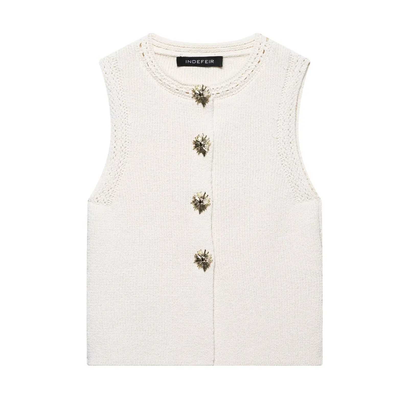 Retro Metal Button Womens Vest Solid Color Round Neck Single Breasted Knitted Cropped Top Casual Sleeveless Cardigan New Vest X250724