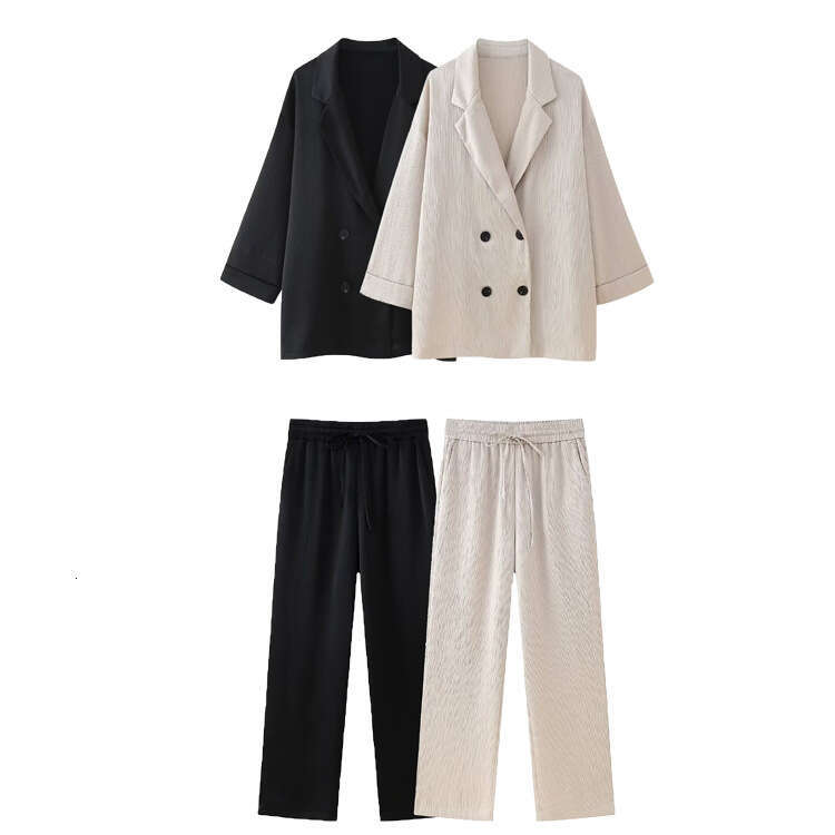 TRAFZA Spring Street Double-Breasted Blazer Wrinkle Effect Pants Set B5