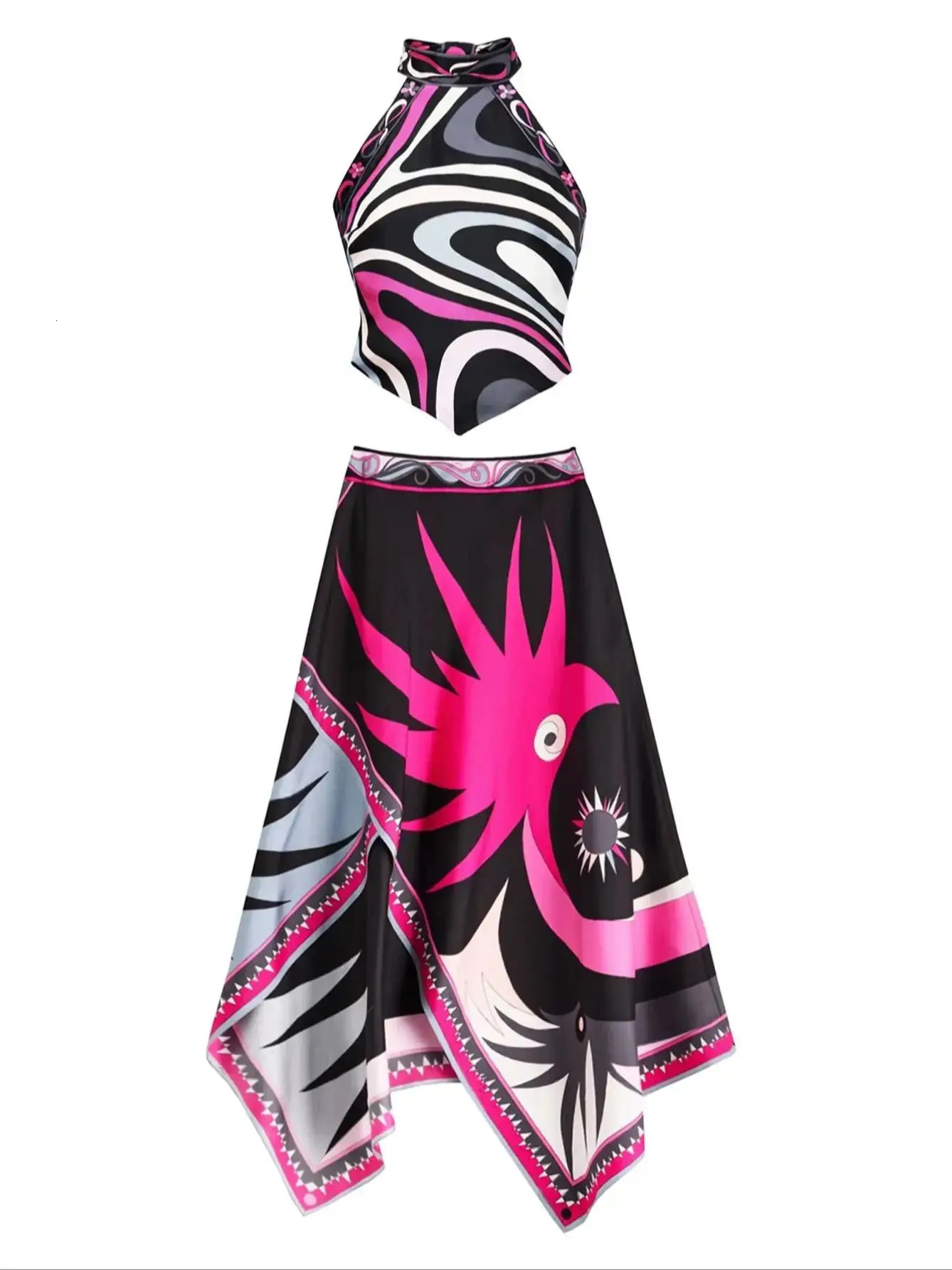 Print Two Piece Skirt Sexy Halter Beach Dress Women Bra High Waist A-line Long Skirt Suit Summer Holiday Seaside Casual Set 250717