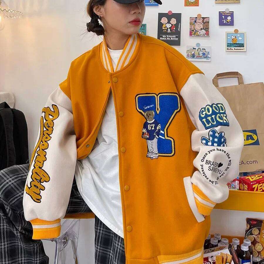 Women's Wear Vintage American Style Loose-Fit Women's Jacket New Spring Autumn Winter Model Korean Version Ballplayer Jersey V-Neck Design