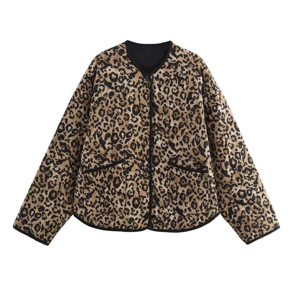 TRAFZA Autumn New Women's Animal Print Leopard Long Sleeve Cotton Jacket Coat B5