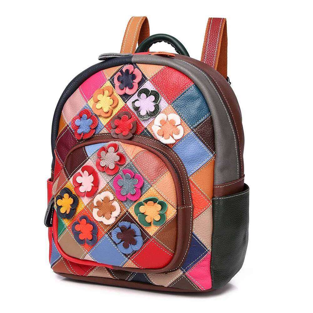 Genuine Leather Fashion Backpack Cowhide Colorful Design Model Handmade Flower Splicing Color Collision College Ladies Schoolbag