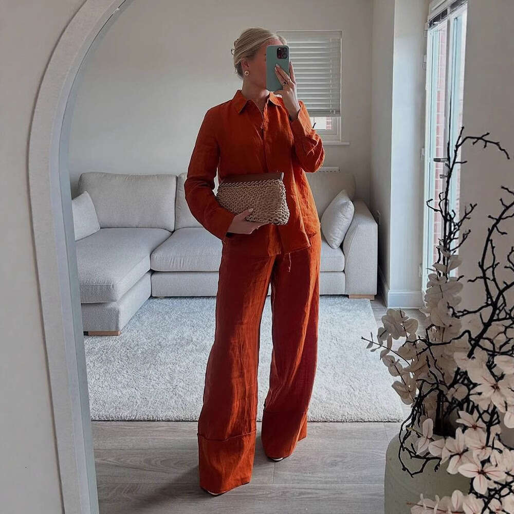 TRAFZA Spring New Shirt Long Sleeve Solid Color Casual Loose Wide-Leg Pants Set B5