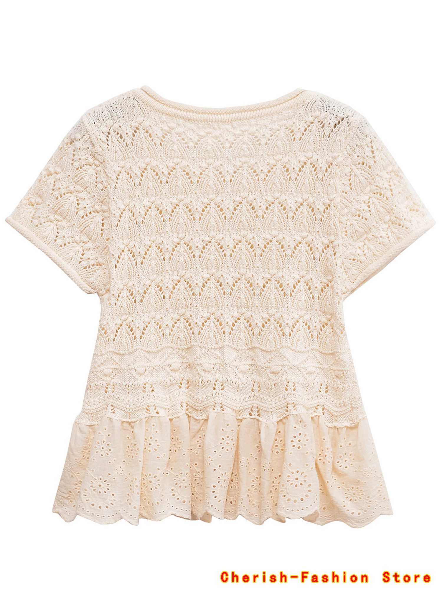 2025 Summer New Products Womens Clothing SplicedKnitted Romantic Style Round Neck Short Sleeve Top Knit Cardigan Embroidery X250724
