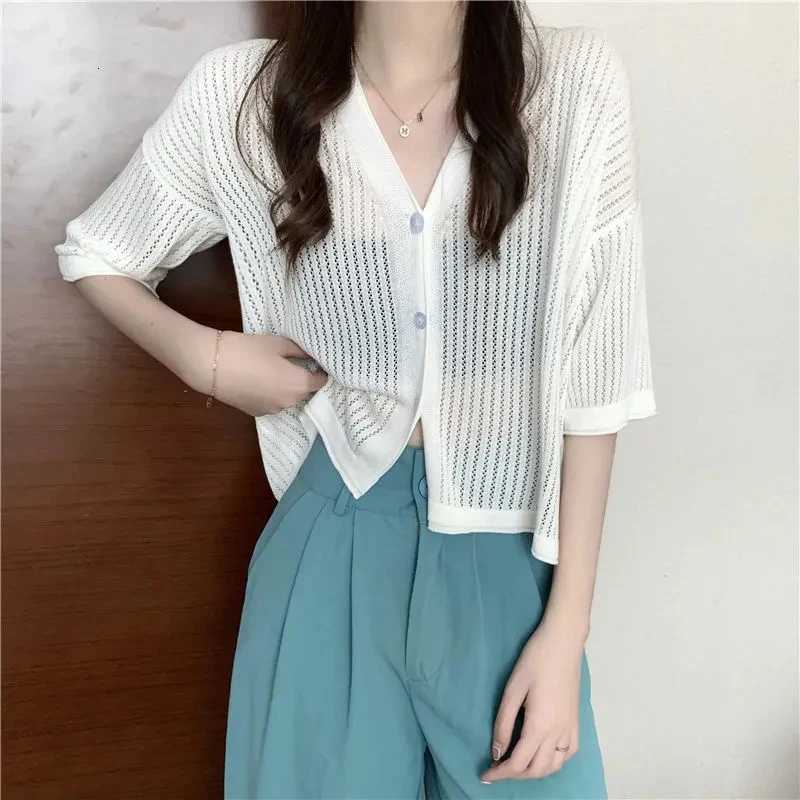 5 Neck Hollow Cardigan Women Summer Thin Short Sleeve Knitted Sun Protection Tops Korean Style Preppy All Match Crop Tops X250724