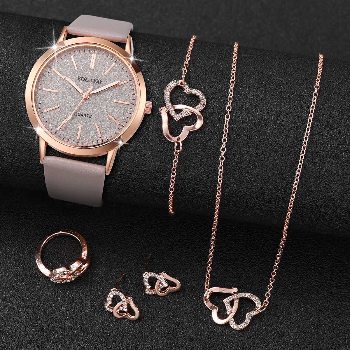 6pcs/set Women Leather Band Quartz Watch and Lover Heart Rose Gold Color Jewelry Set W250724