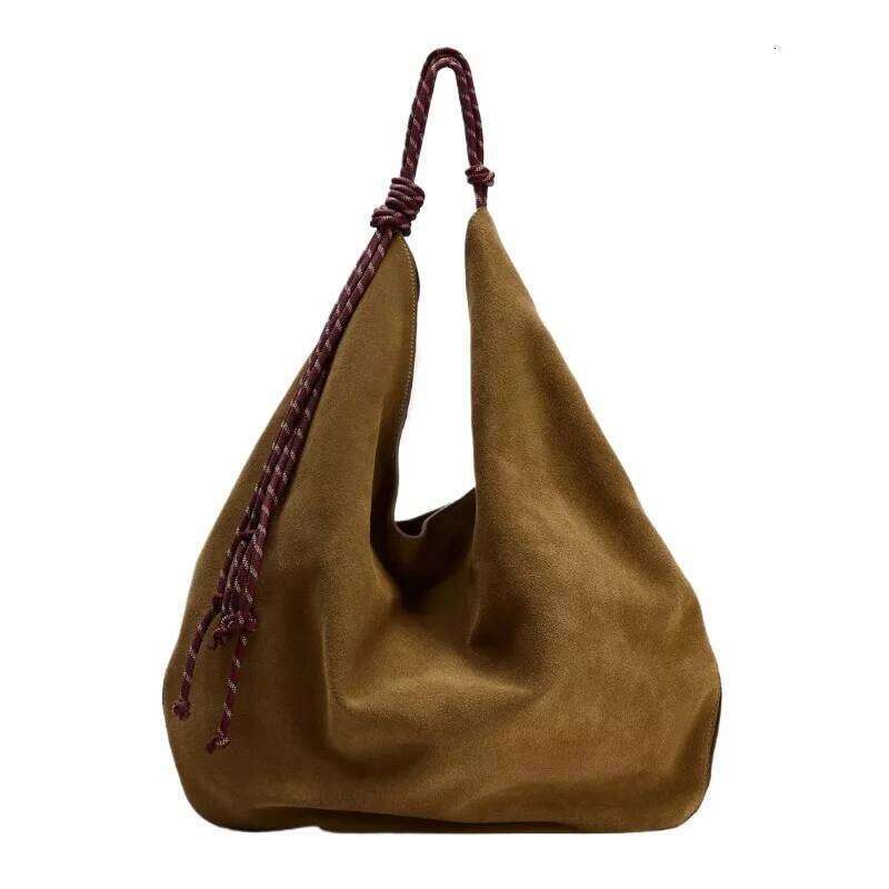 Split Leather Shoulder With Cord Strap High Quality Dark Tan Faux Suede Bucket Women Large Capacity Casual Crossbody Bag