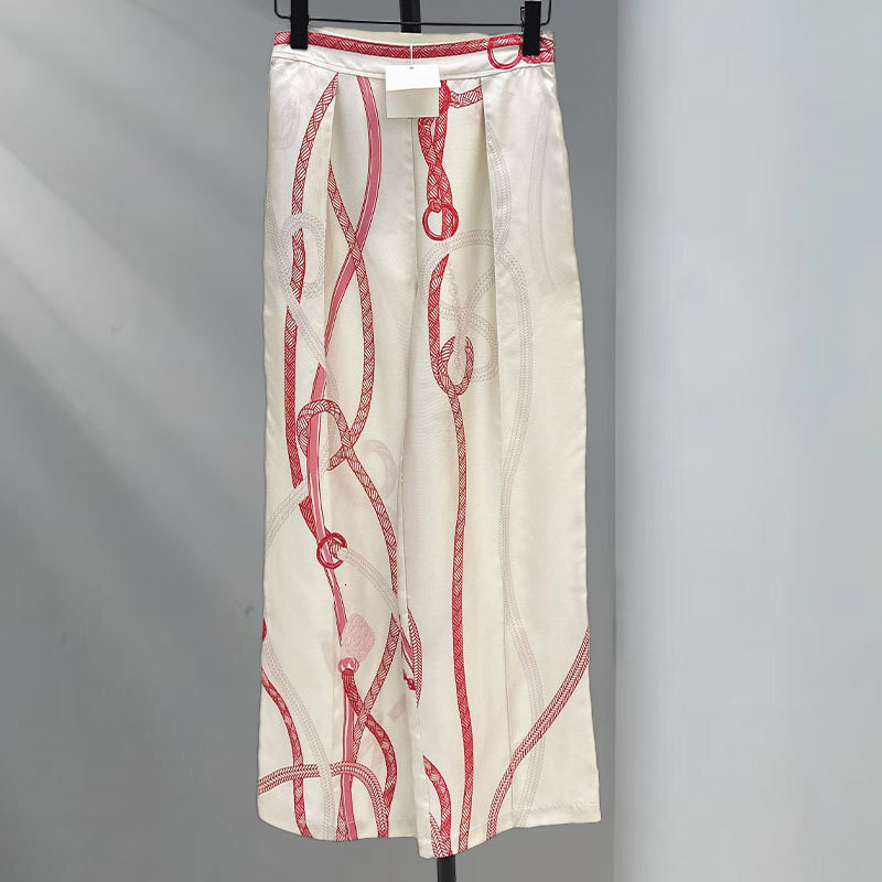 Women's Chain Print Silk Wide-Leg Pants Y2K Luxury High-End Designer High Waist Side Zipper Trousers Fashion Runway Clothing S0762